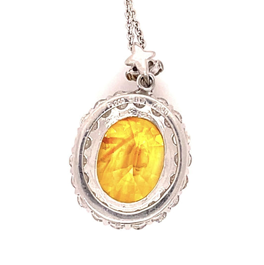 7.12ct Yellow Oval Sapphire Platinum Pendant .30ct Diamond Silver Chain 16"