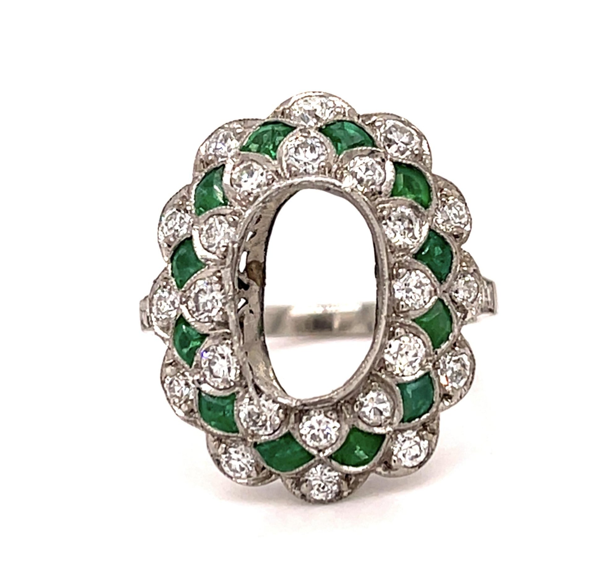 1ct Emerald 1ct Diamond Platinum Handmade Semi Mount Ring for Oval Shaped Stone