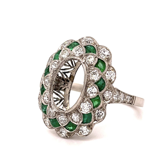 1ct Emerald 1ct Diamond Platinum Handmade Semi Mount Ring for Oval Shaped Stone