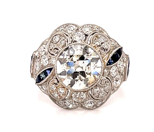 2.11ct Old European Diamond Platinum Handmade Ring .33ct Sapphire .70ct SD