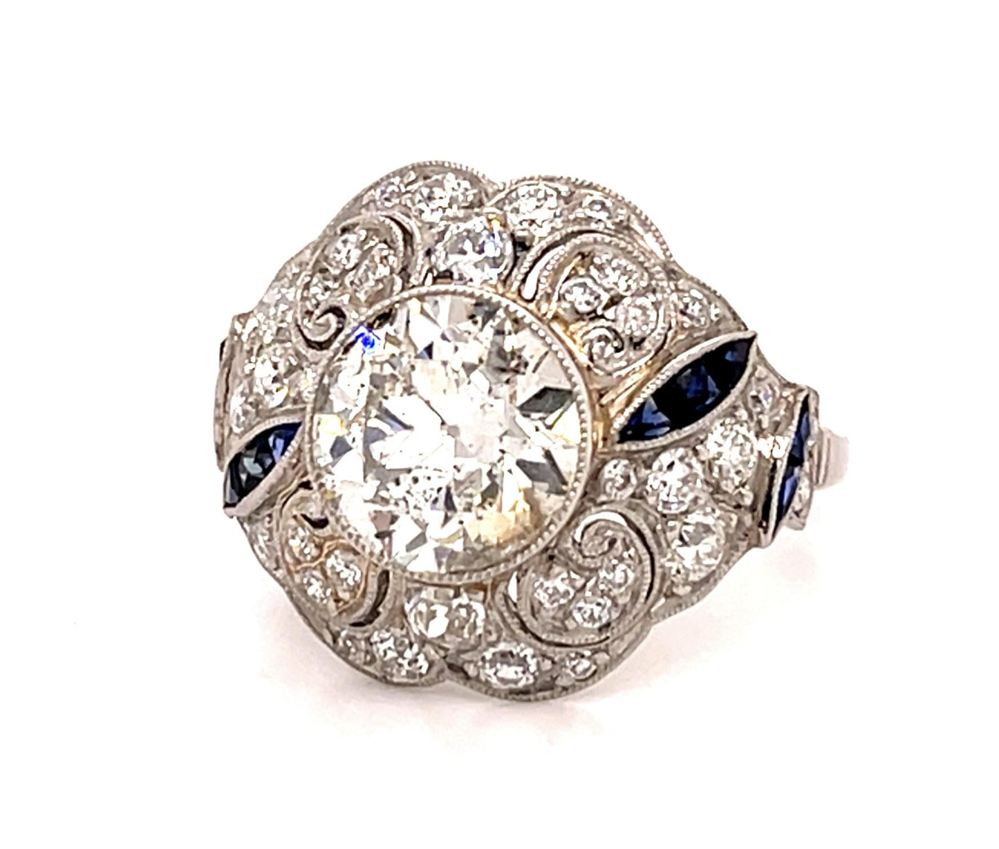 2.11ct Old European Diamond Platinum Handmade Ring .33ct Sapphire .70ct SD