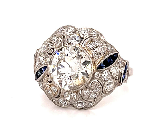 2.11ct Old European Diamond Platinum Handmade Ring .33ct Sapphire .70ct SD