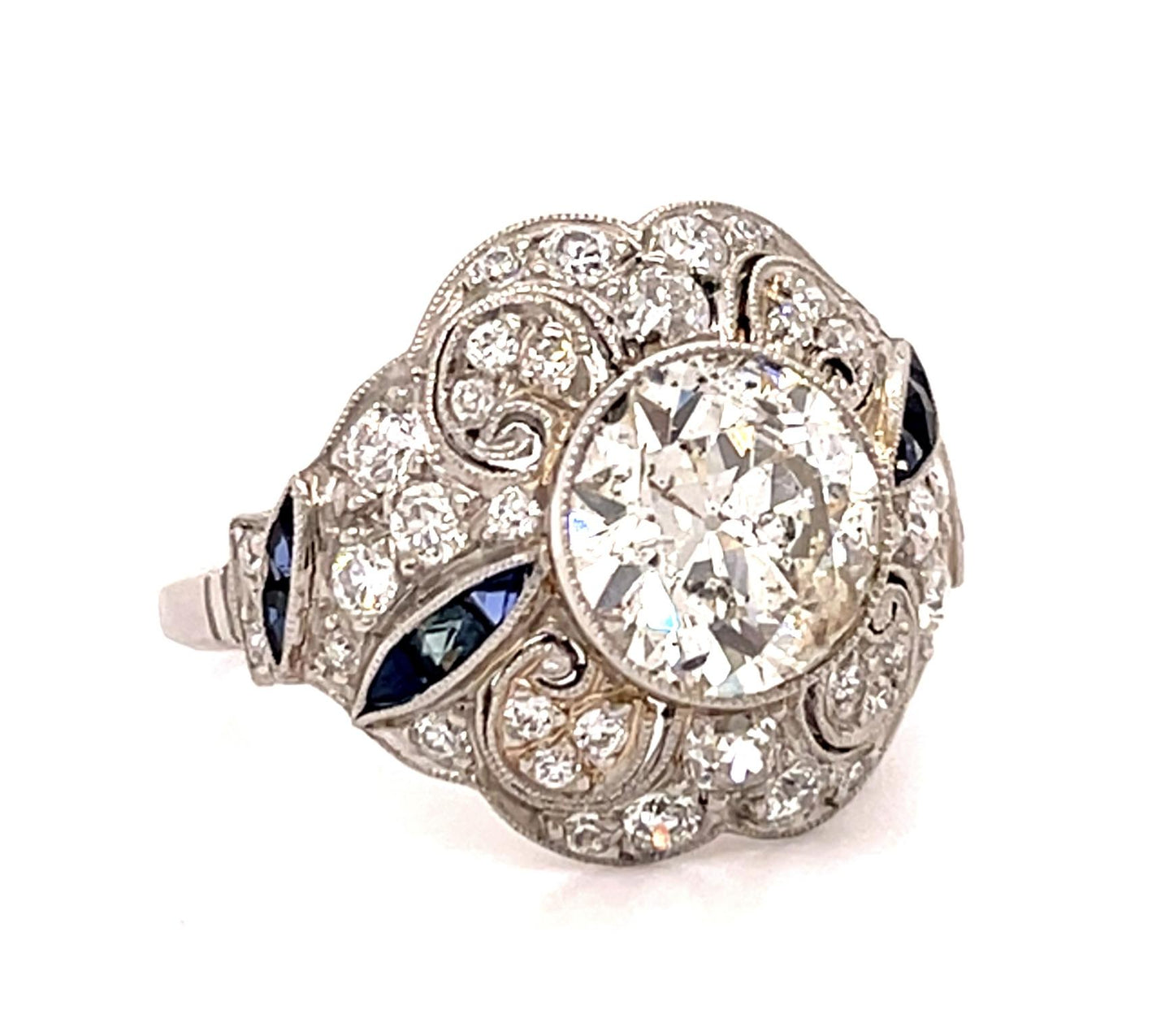 2.11ct Old European Diamond Platinum Handmade Ring .33ct Sapphire .70ct SD