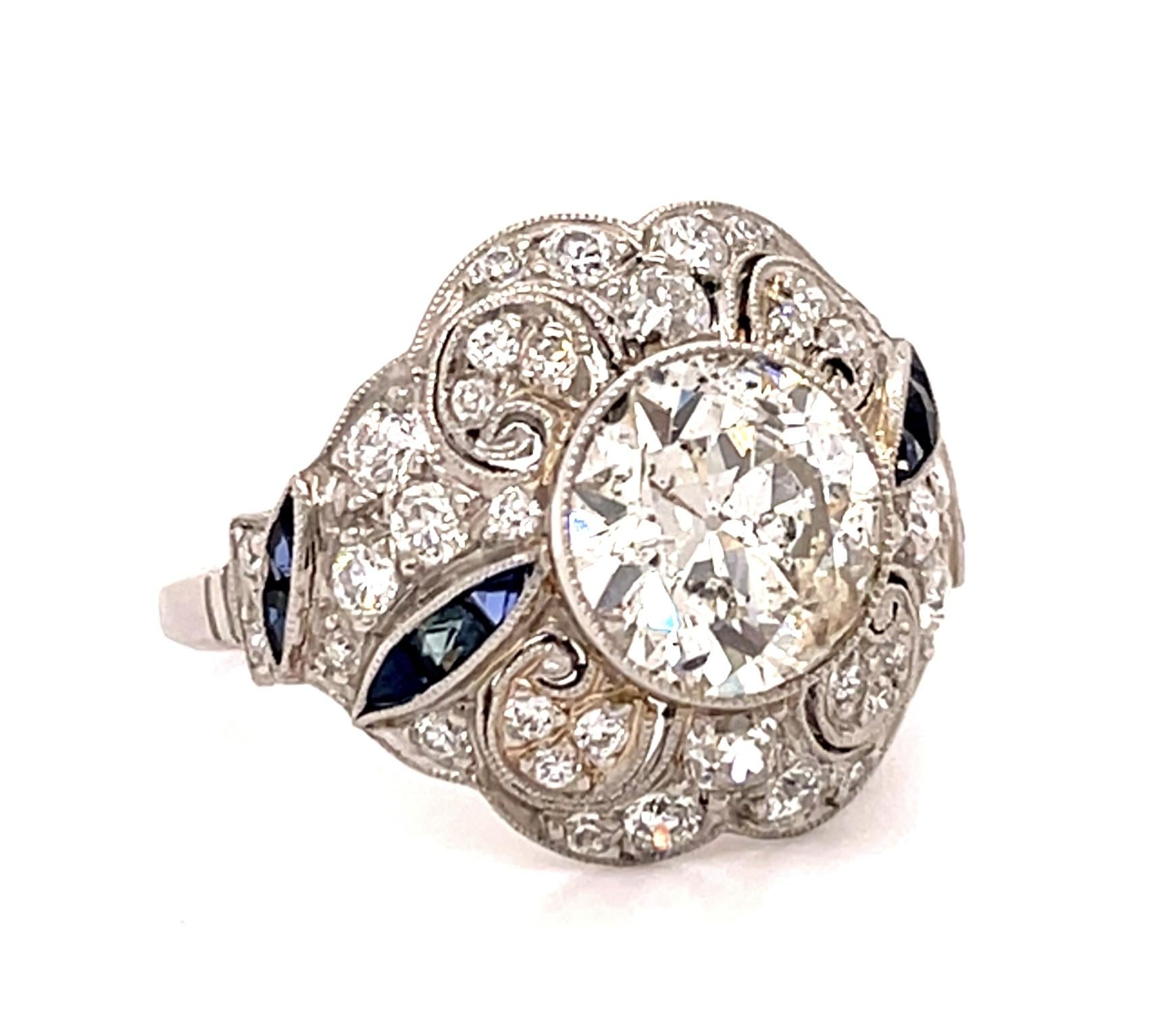 2.11ct Old European Diamond Platinum Handmade Ring .33ct Sapphire .70ct SD
