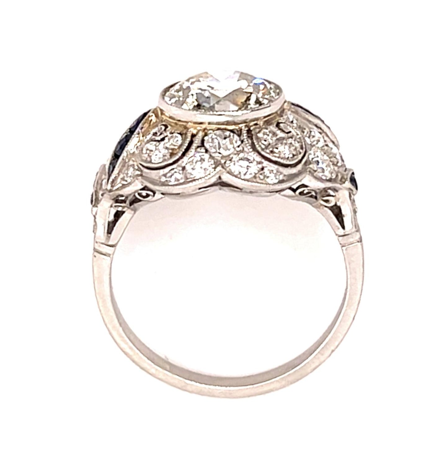 2.11ct Old European Diamond Platinum Handmade Ring .33ct Sapphire .70ct SD
