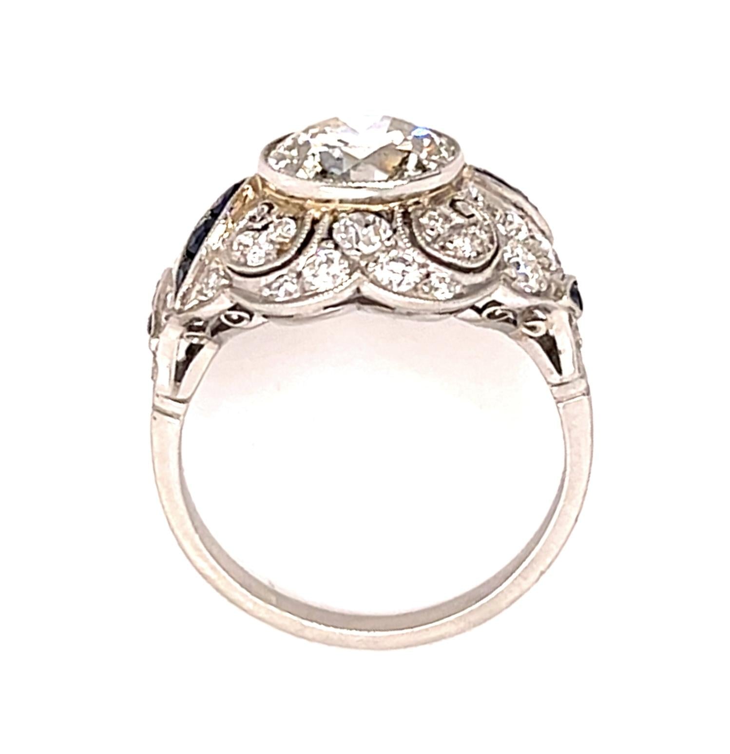 2.11ct Old European Diamond Platinum Handmade Ring .33ct Sapphire .70ct SD