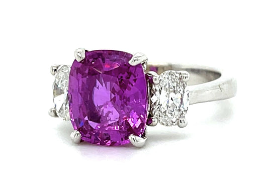 4.16ct Cushion Pink Sapphire Platinum Three Stone Ring .76ct Oval Diamond 6.40g