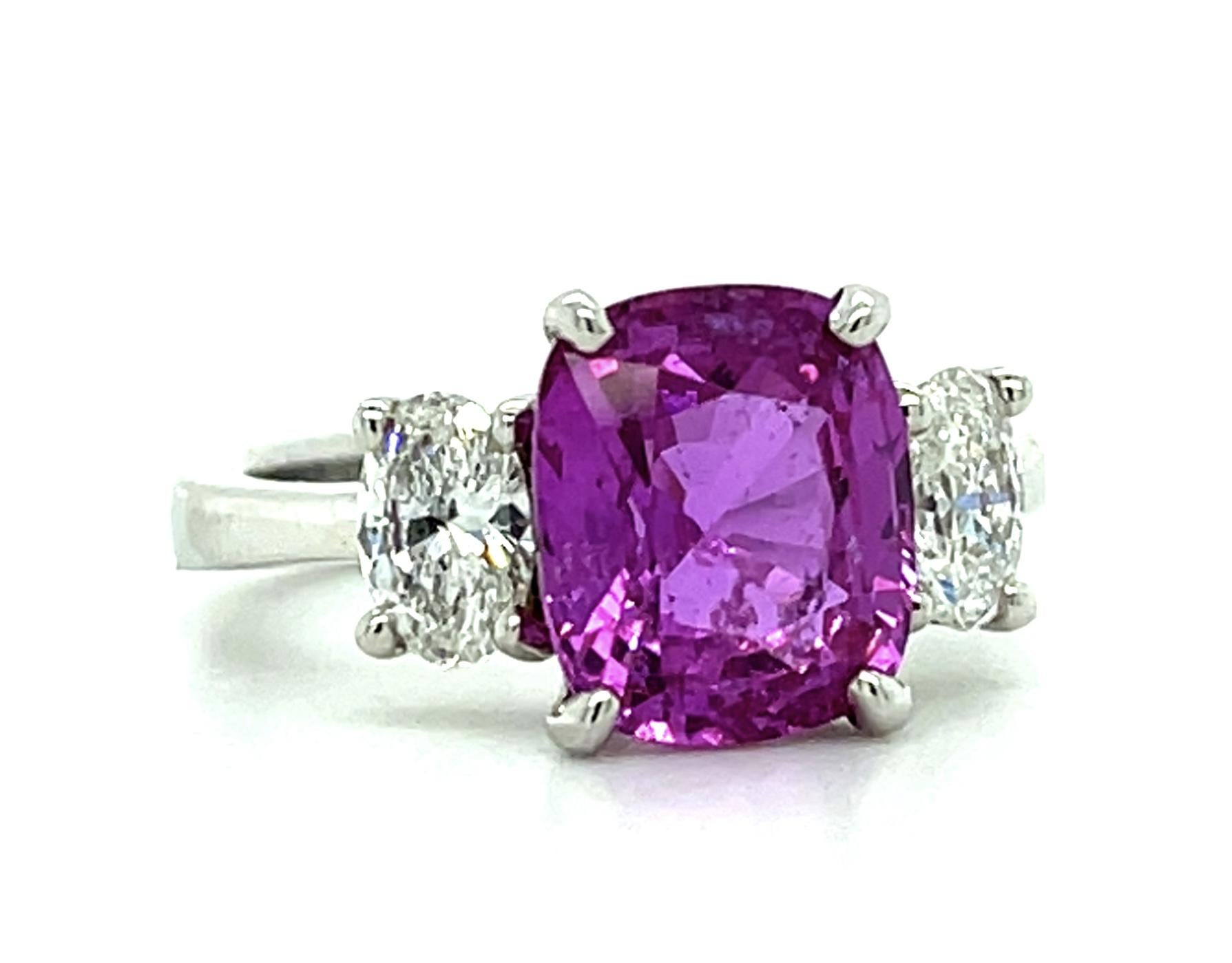 4.16ct Cushion Pink Sapphire Platinum Three Stone Ring .76ct Oval Diamond 6.40g