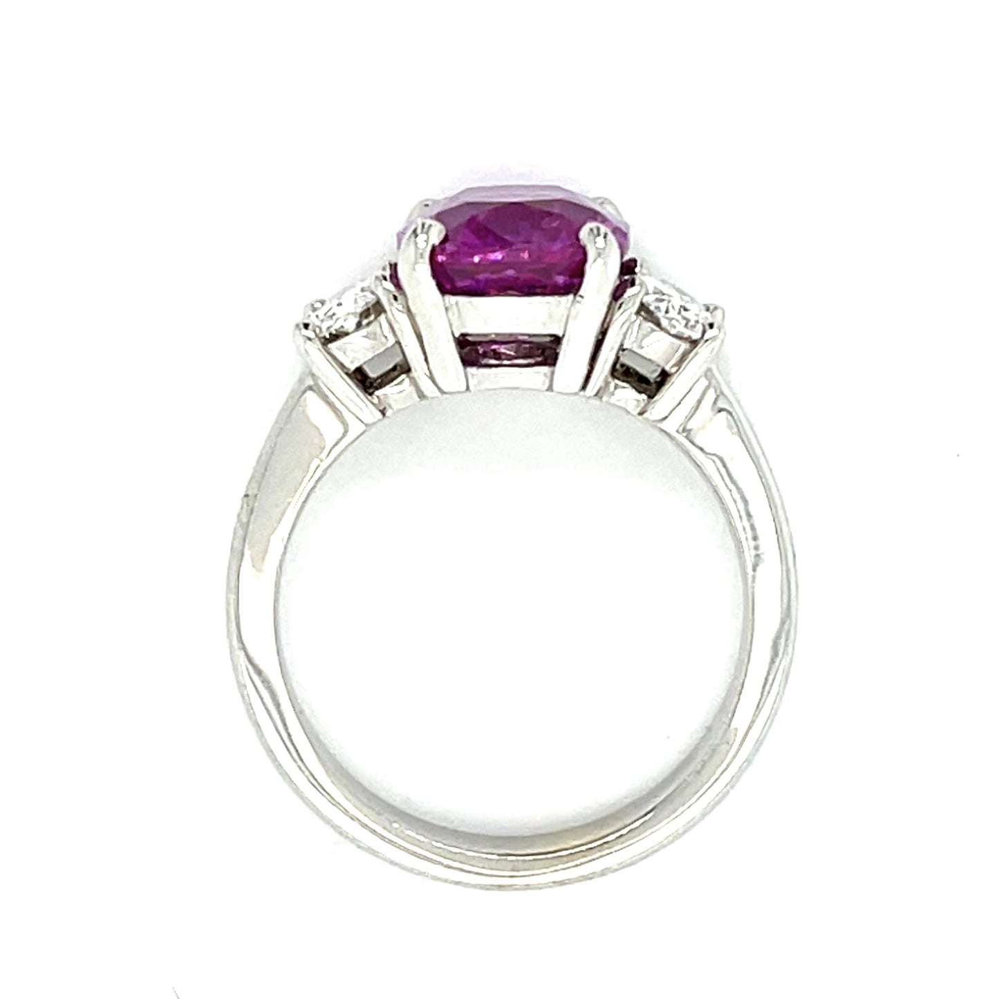 4.16ct Cushion Pink Sapphire Platinum Three Stone Ring .76ct Oval Diamond 6.40g