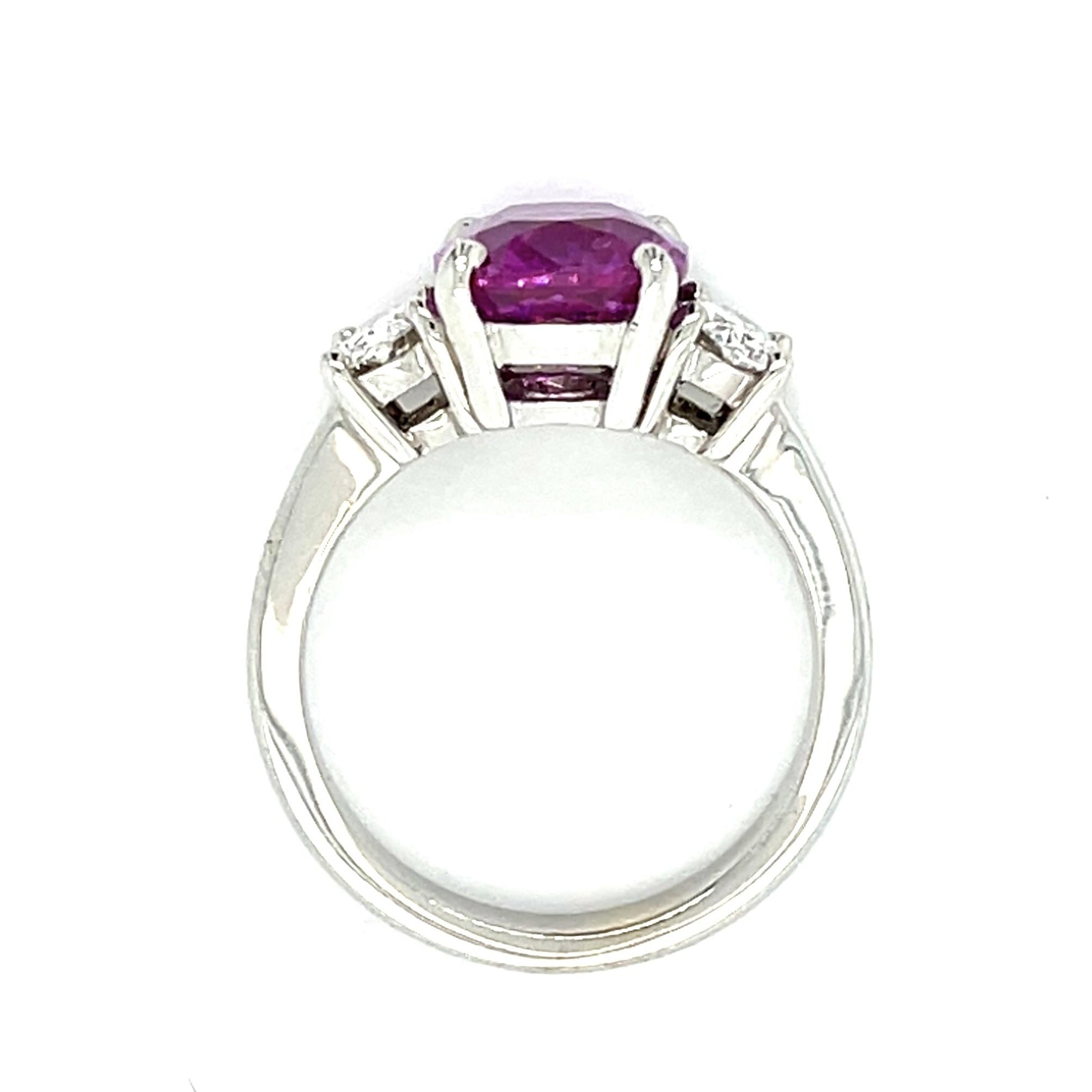 4.16ct Cushion Pink Sapphire Platinum Three Stone Ring .76ct Oval Diamond 6.40g