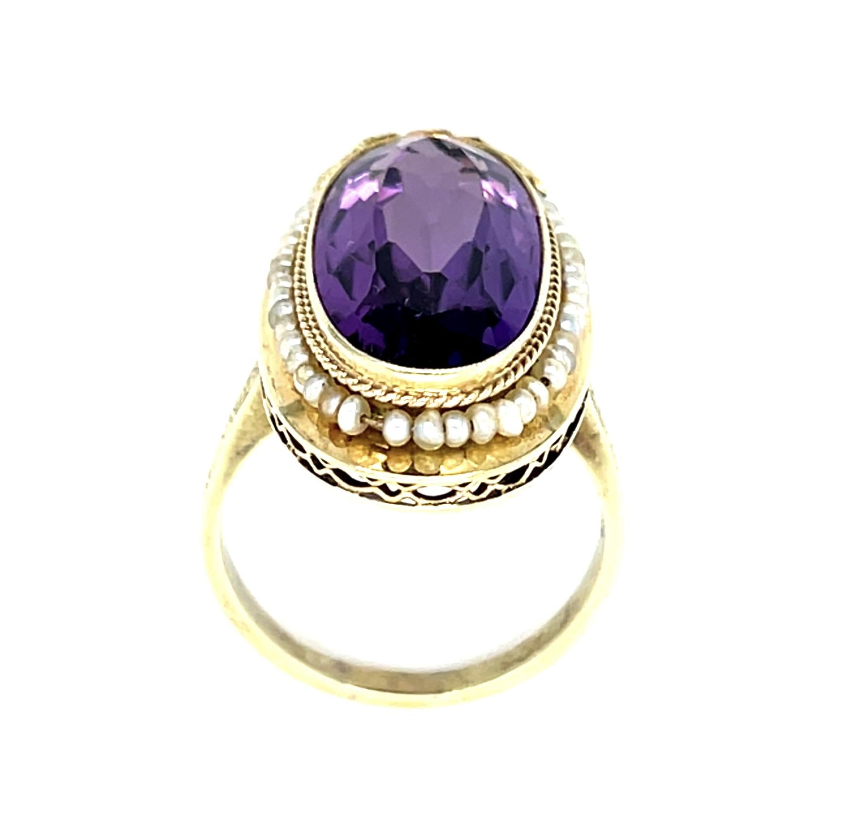 Original Arts & Crafts 12ct Oval Amethyst 14KY Gold Ring (Antique 1900s) Seed Pe