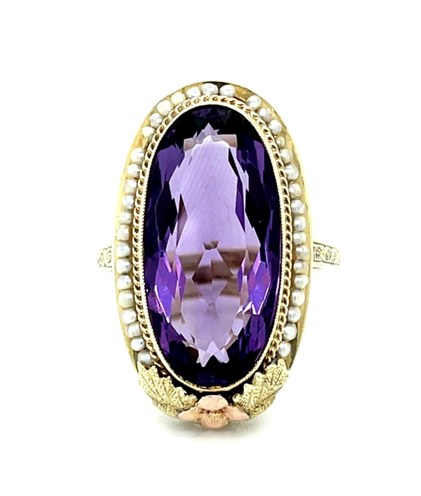 Original Arts & Crafts 12ct Oval Amethyst 14KY Gold Ring (Antique 1900s) Seed Pe