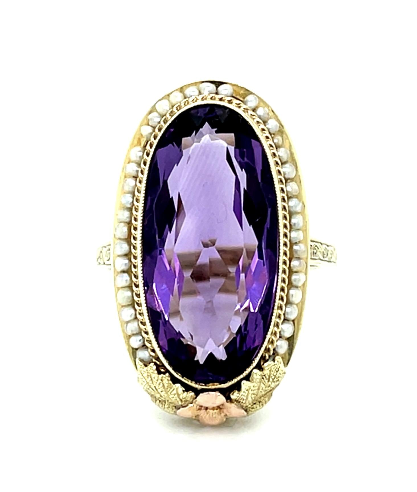 Original Arts & Crafts 12ct Oval Amethyst 14KY Gold Ring (Antique 1900s) Seed Pe