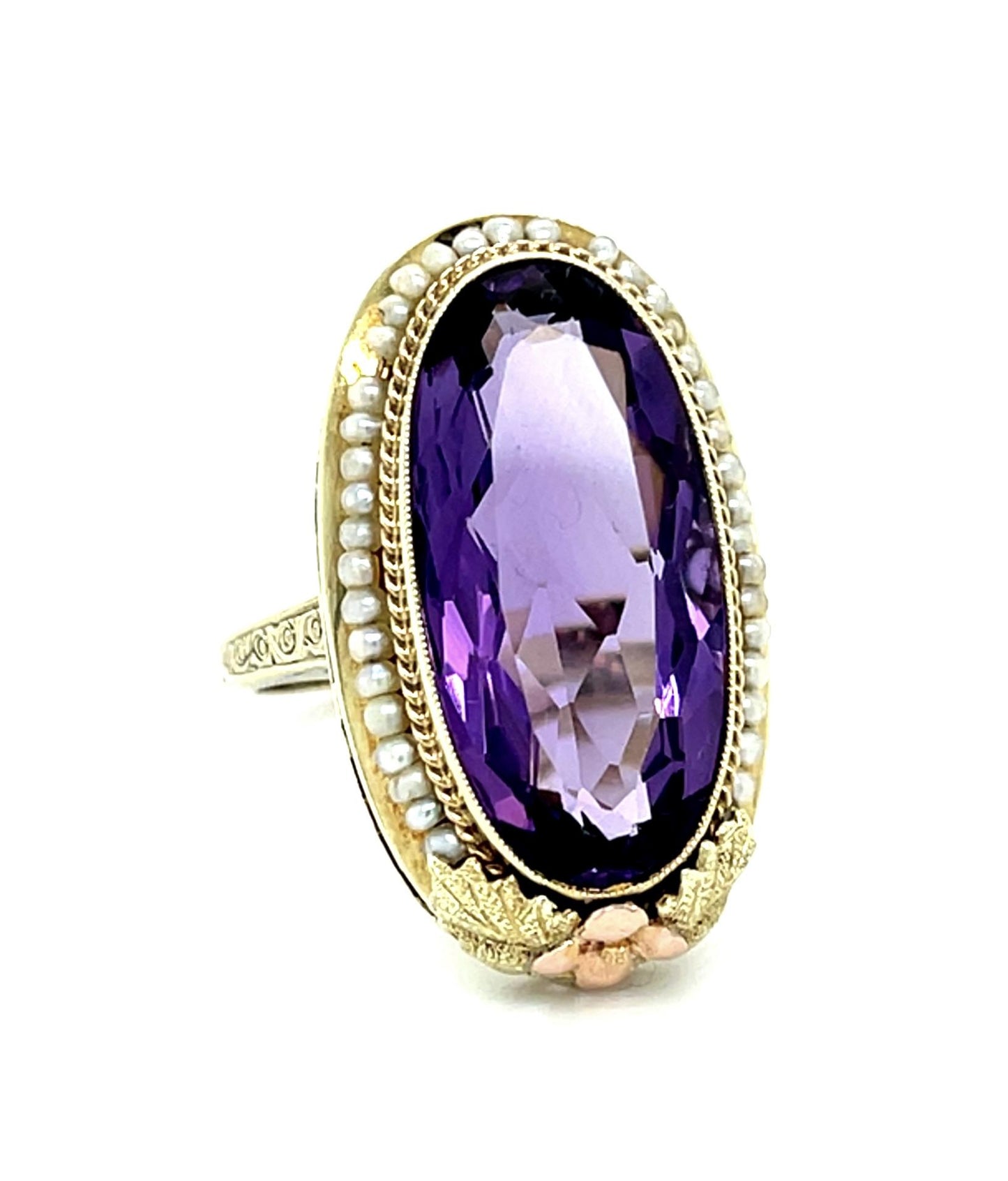 Original Arts & Crafts 12ct Oval Amethyst 14KY Gold Ring (Antique 1900s) Seed Pe