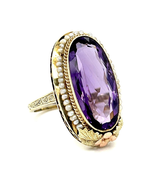 Original Arts & Crafts 12ct Oval Amethyst 14KY Gold Ring (Antique 1900s) Seed Pe
