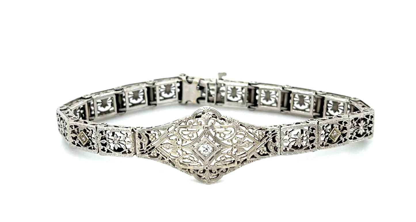 Original Art Deco 14KW Gold Filigree Bracelet (Vintage 1930s) .04ct Diamond