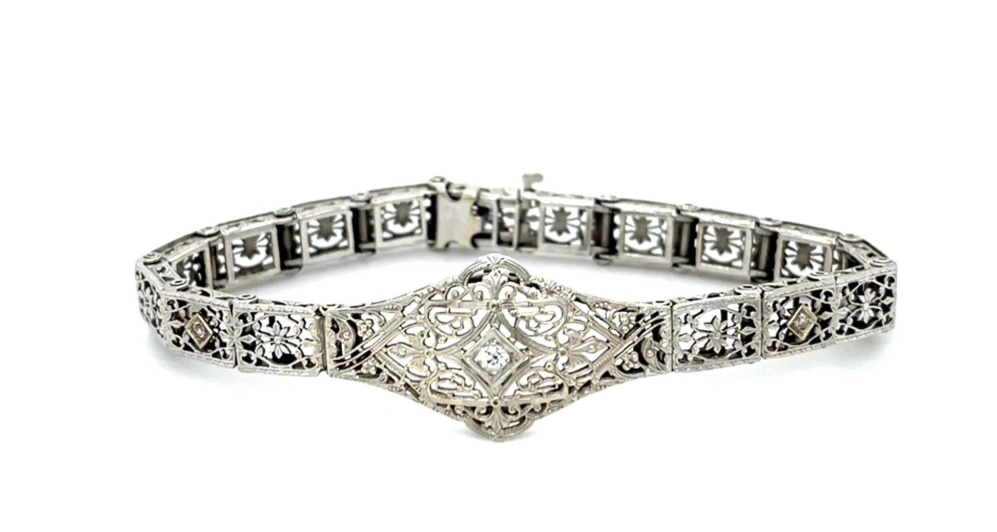 Original Art Deco 14KW Gold Filigree Bracelet (Vintage 1930s) .04ct Diamond