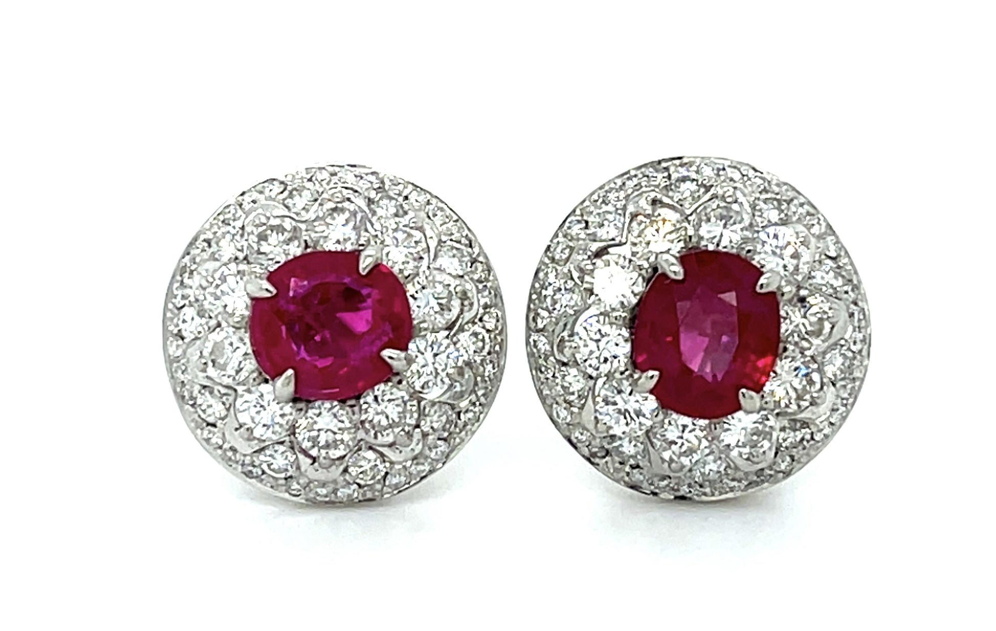 2.14ct Cushion Ruby Platinum Stud Earrings 1.58ct Diamond 5.74g .50"