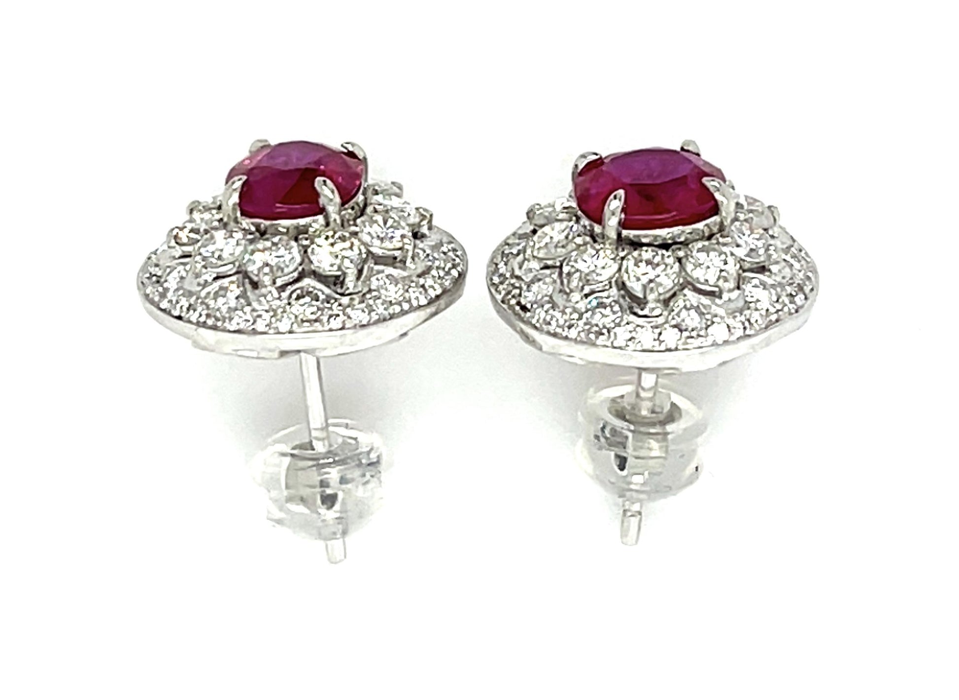 2.14ct Cushion Ruby Platinum Stud Earrings 1.58ct Diamond 5.74g .50"