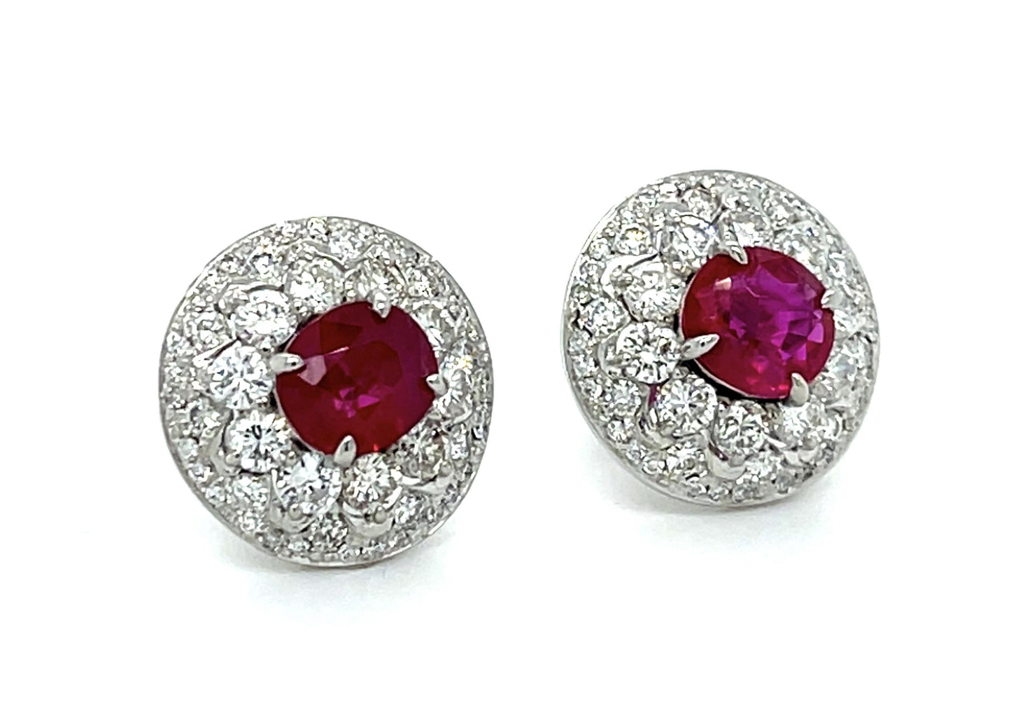 2.14ct Cushion Ruby Platinum Stud Earrings 1.58ct Diamond 5.74g .50"