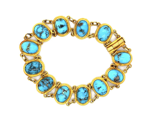 Original Oval Turquoise 18KY Gold Bracelet (Vintage 1980s) 16g 7"
