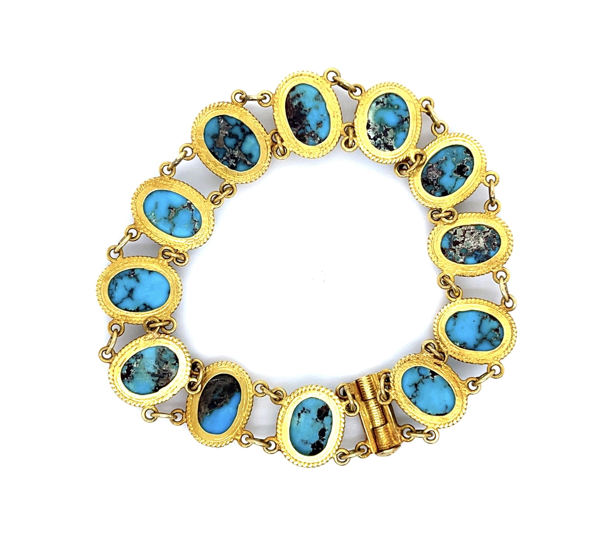 Original Oval Turquoise 18KY Gold Bracelet (Vintage 1980s) 16g 7"