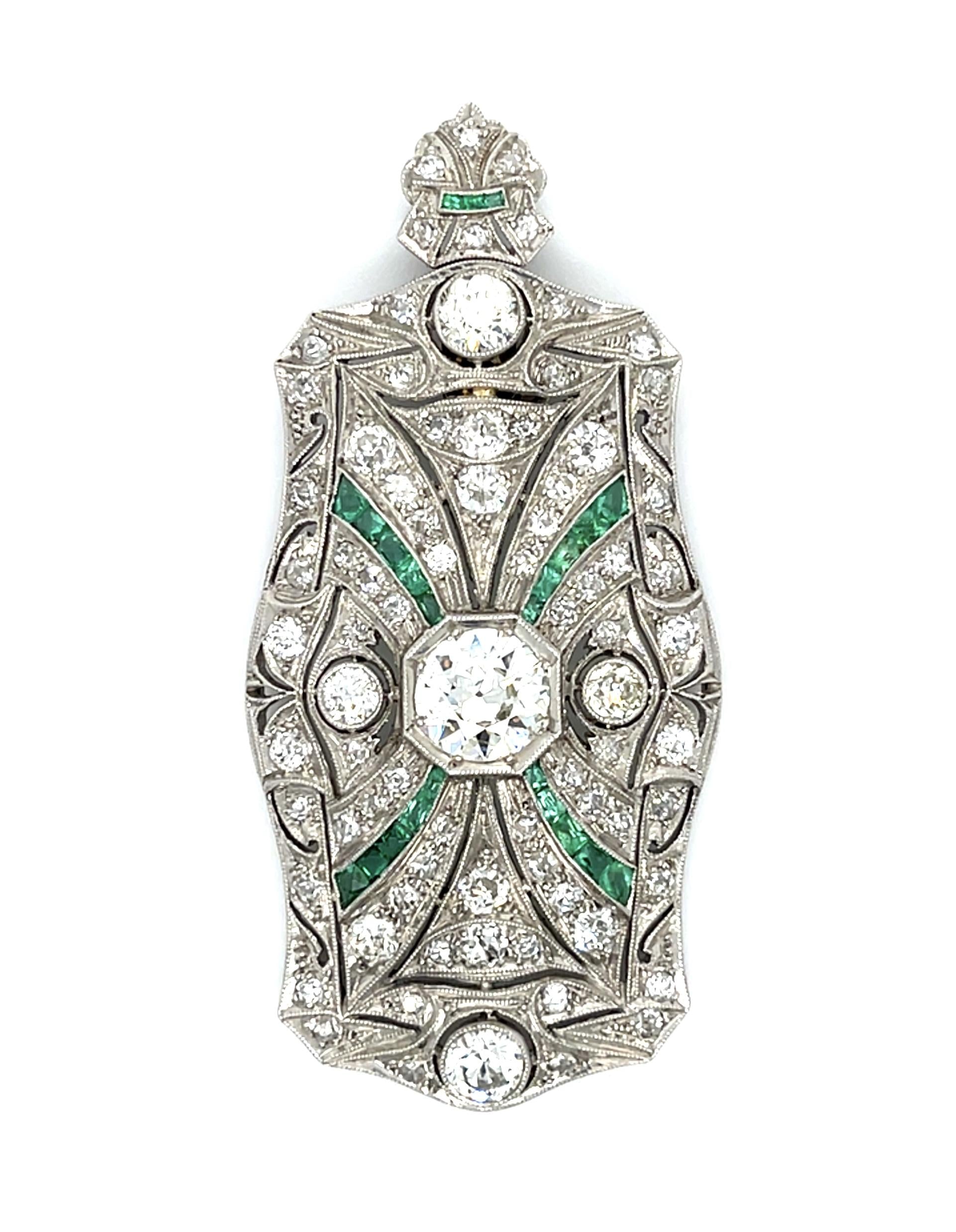 Art Deco 1.50ct Euro Center Dia Platinum Pendant (Antique 1920s) 1.20ct Emerald