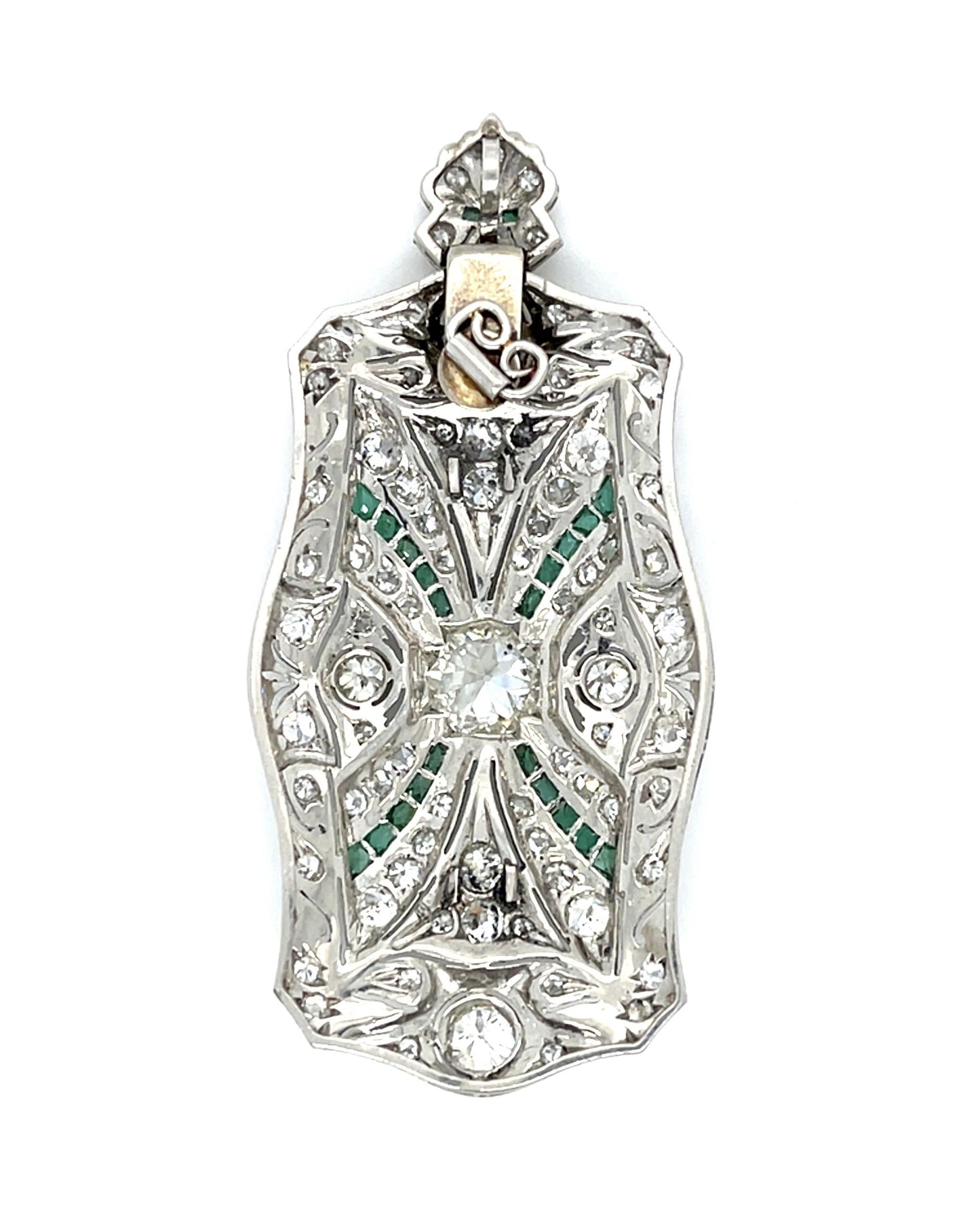 Art Deco 1.50ct Euro Center Dia Platinum Pendant (Antique 1920s) 1.20ct Emerald