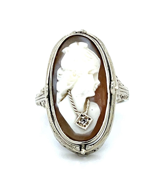 Original Art Deco Reversible Cameo+Onyx 14KW Gold Ring (Vintage 1930s) 6.80g