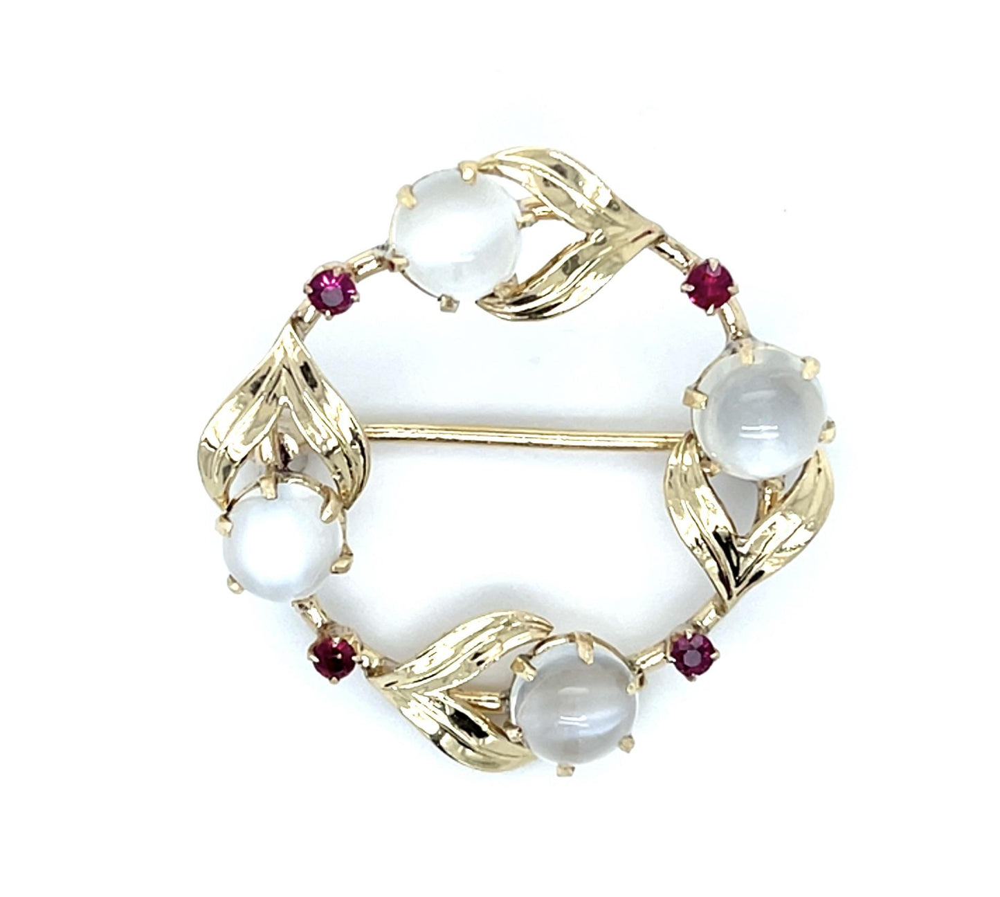 Original Retro 5ct Moonstone .40ct Ruby 14KY Gold Brooch (Vintage 1940s) 7.60g