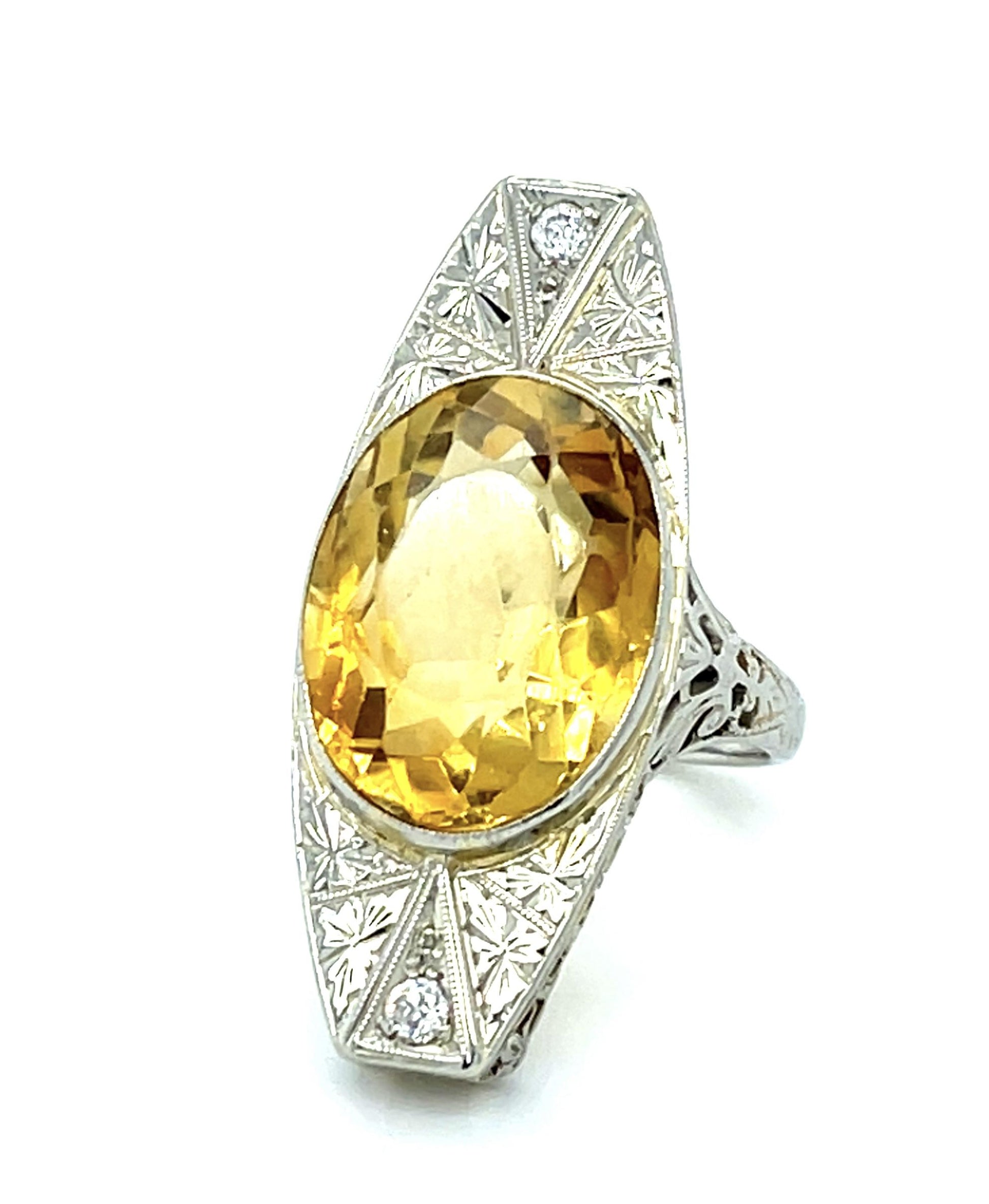 Original Art Deco 13ct Citrine 14KW Gold Ring .10ct Diamond 6.40g 5 Size