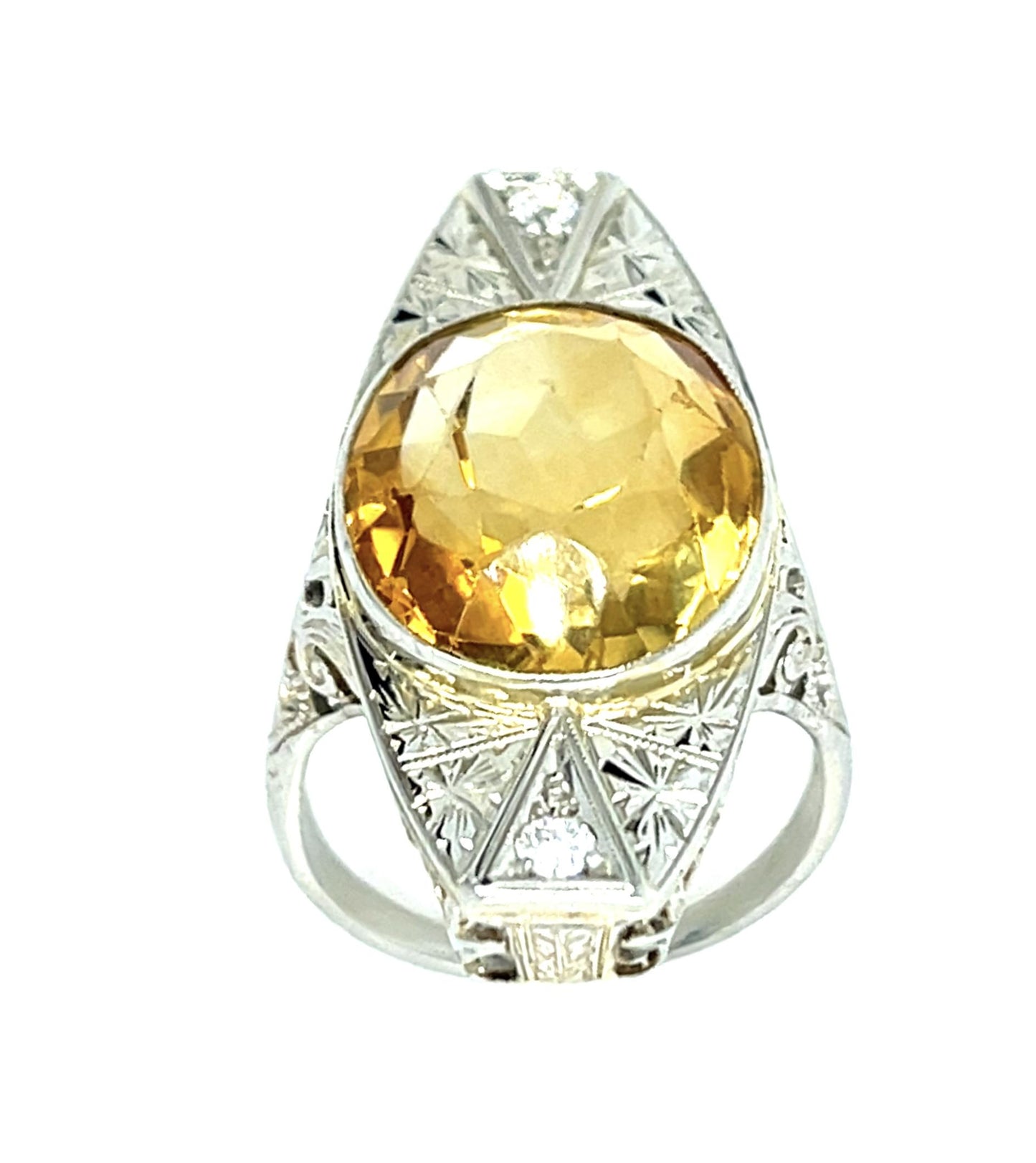 Original Art Deco 13ct Citrine 14KW Gold Ring .10ct Diamond 6.40g 5 Size