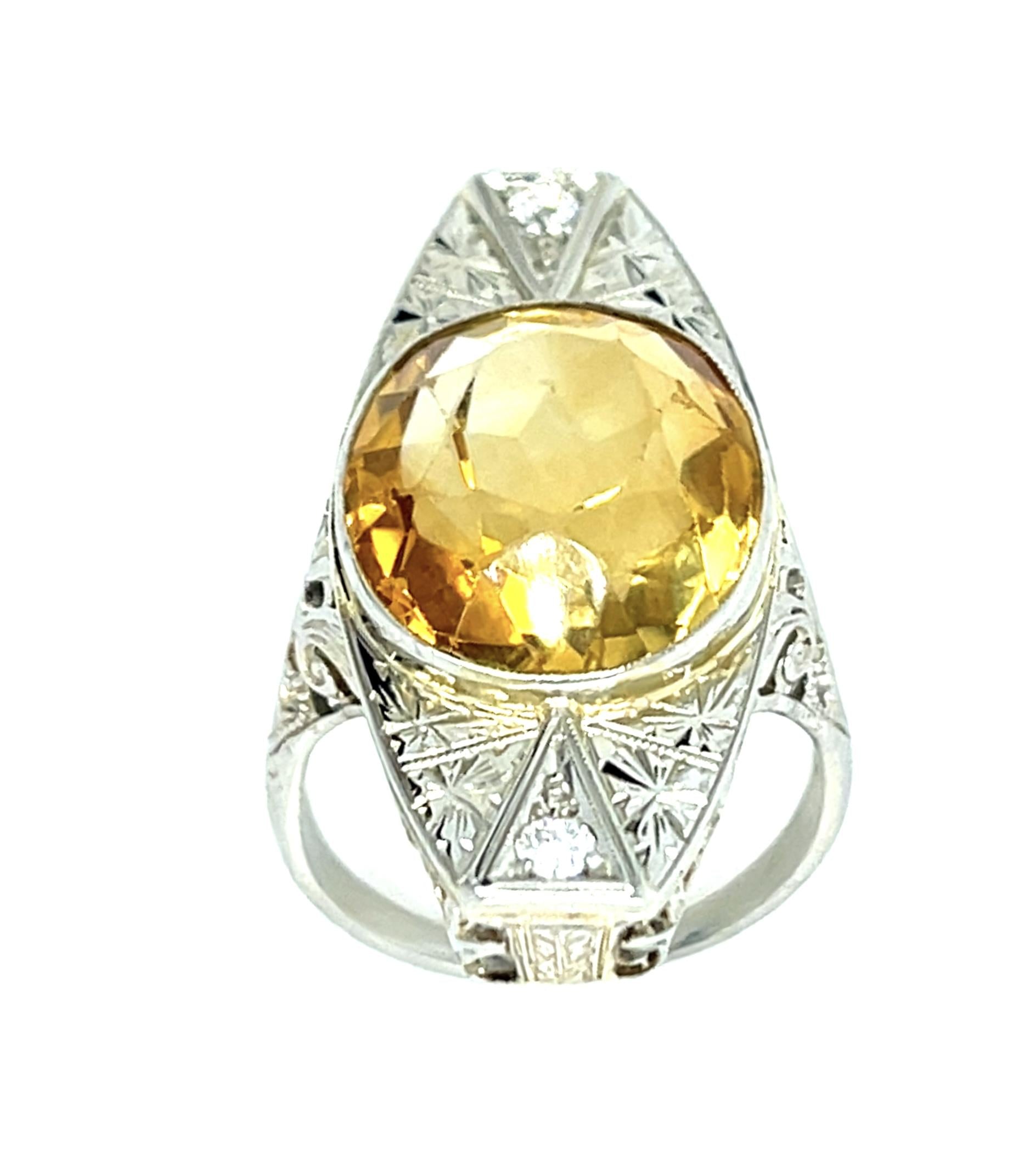 Original Art Deco 13ct Citrine 14KW Gold Ring .10ct Diamond 6.40g 5 Size