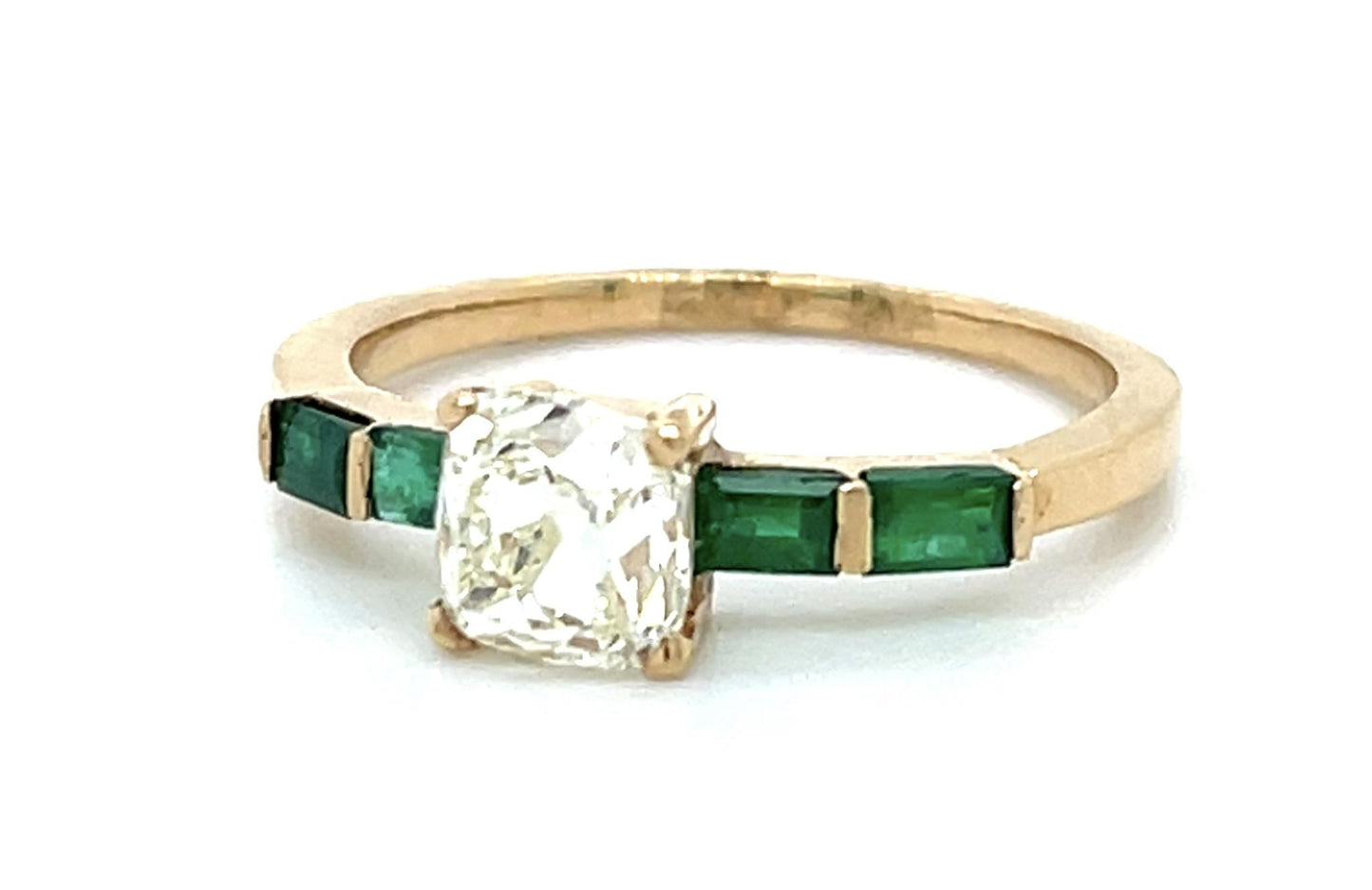 1.11ct Old Mine Cushion Diamond 18KY Gold Ring .40ct Emerald 2.20g
