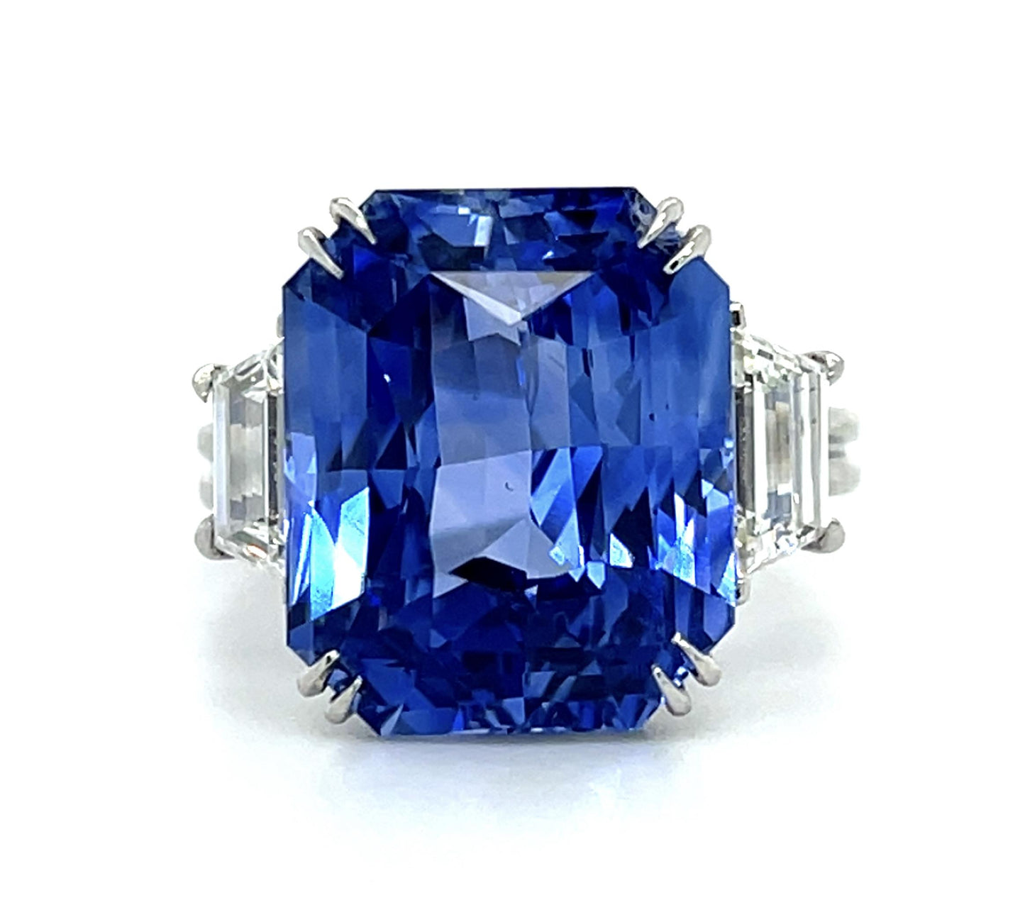 14.60ct Emerald-cut Sapphire Platinum Ring 1.44ct Trapezoid Diamond