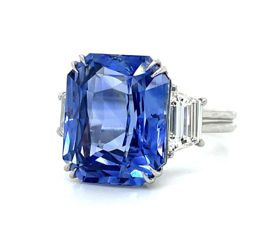 14.60ct Emerald-cut Sapphire Platinum Ring 1.44ct Trapezoid Diamond