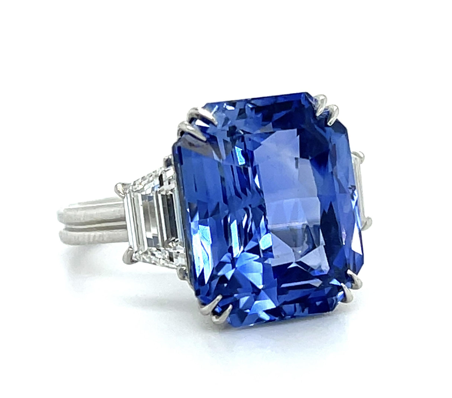 14.60ct Emerald-cut Sapphire Platinum Ring 1.44ct Trapezoid Diamond
