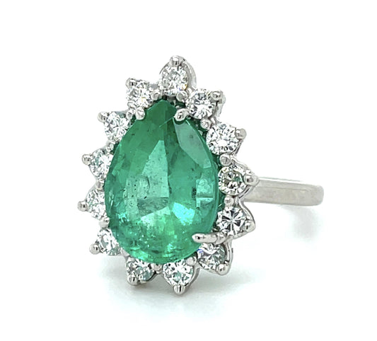 4.20ct Pear Emerald Platinum Ring 1.20ct Diamond 7.70g 6 Size