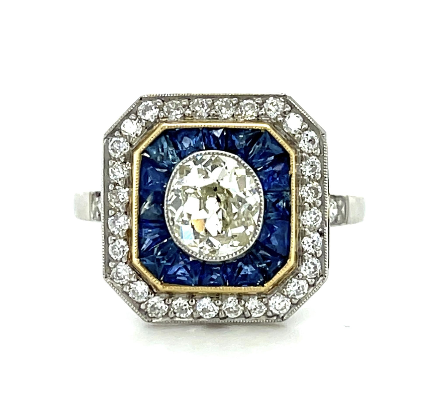 1ct Old Mine Diamond 1.90ct French-cut Sapphire Platinum Handmade Ring