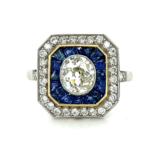 1ct Old Mine Diamond 1.90ct French-cut Sapphire Platinum Handmade Ring
