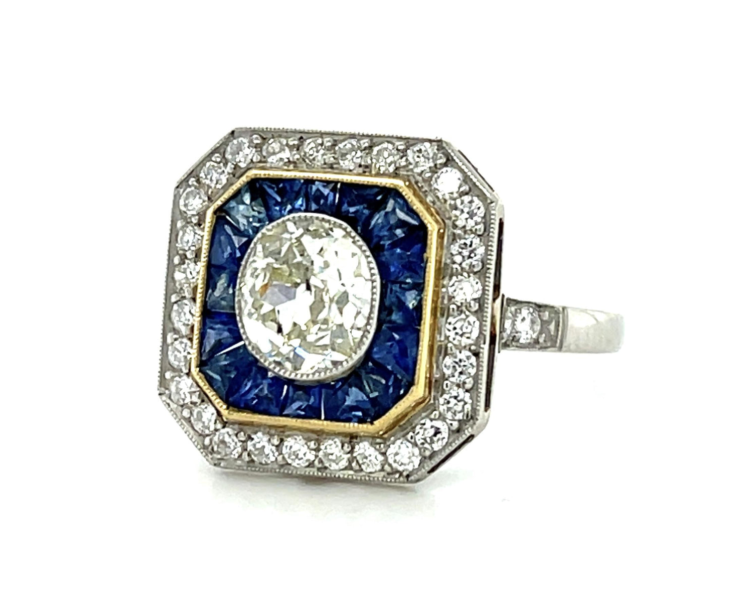 1ct Old Mine Diamond 1.90ct French-cut Sapphire Platinum Handmade Ring
