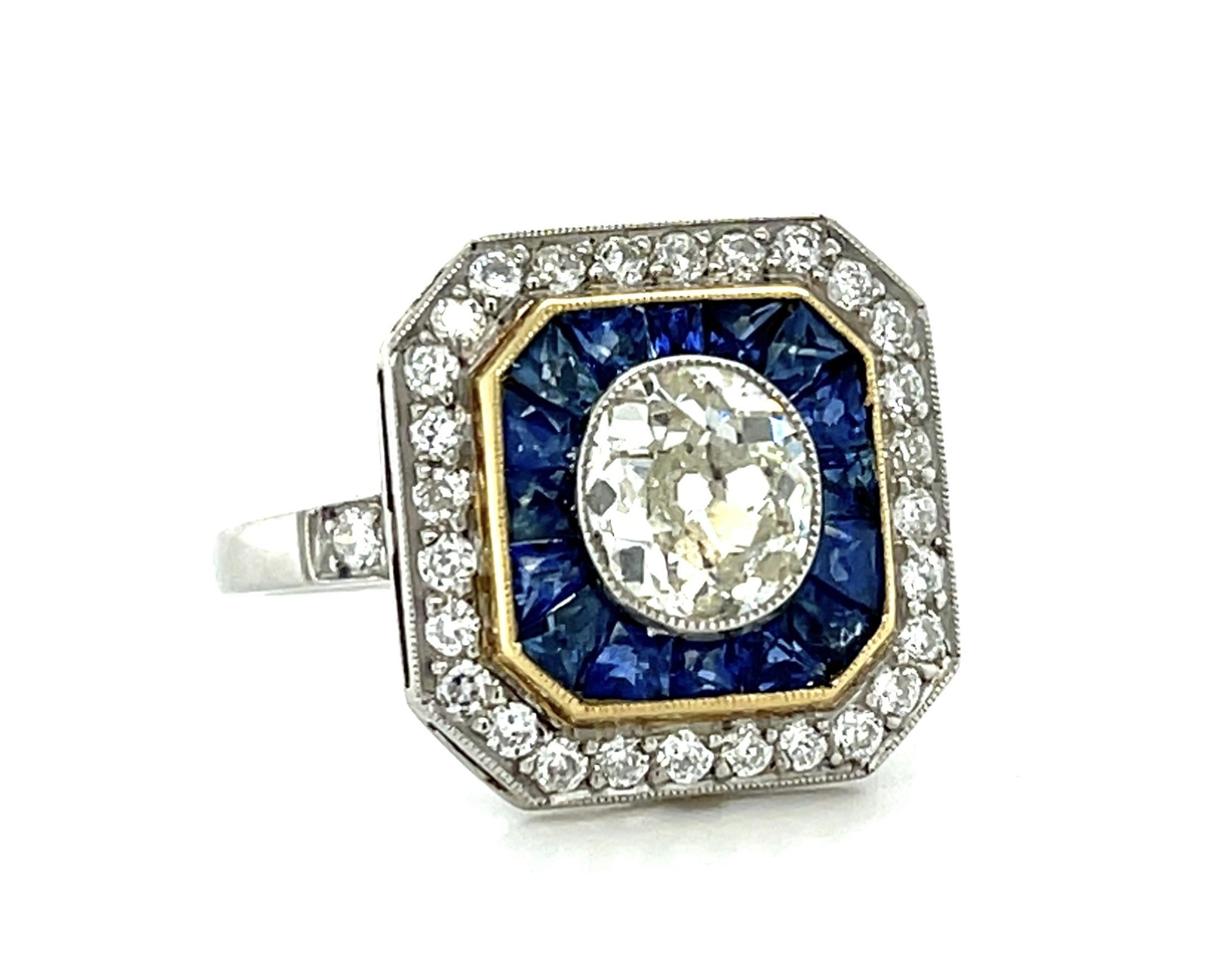 1ct Old Mine Diamond 1.90ct French-cut Sapphire Platinum Handmade Ring