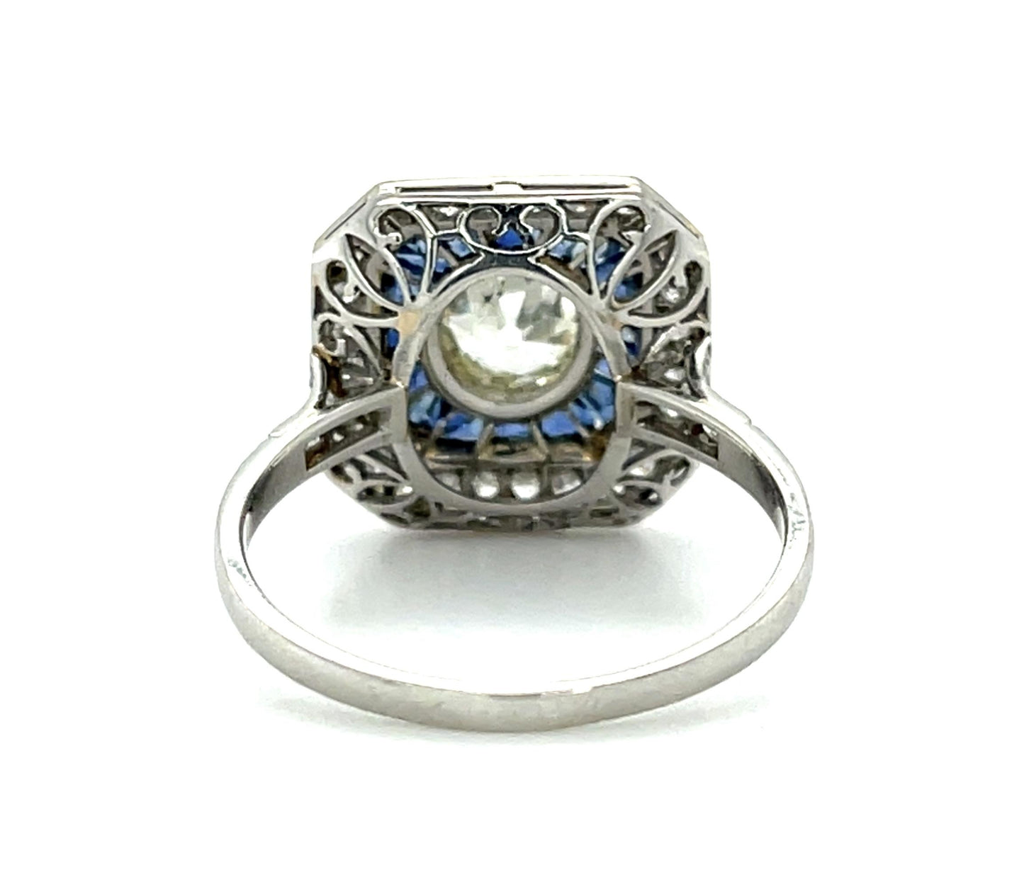 1ct Old Mine Diamond 1.90ct French-cut Sapphire Platinum Handmade Ring