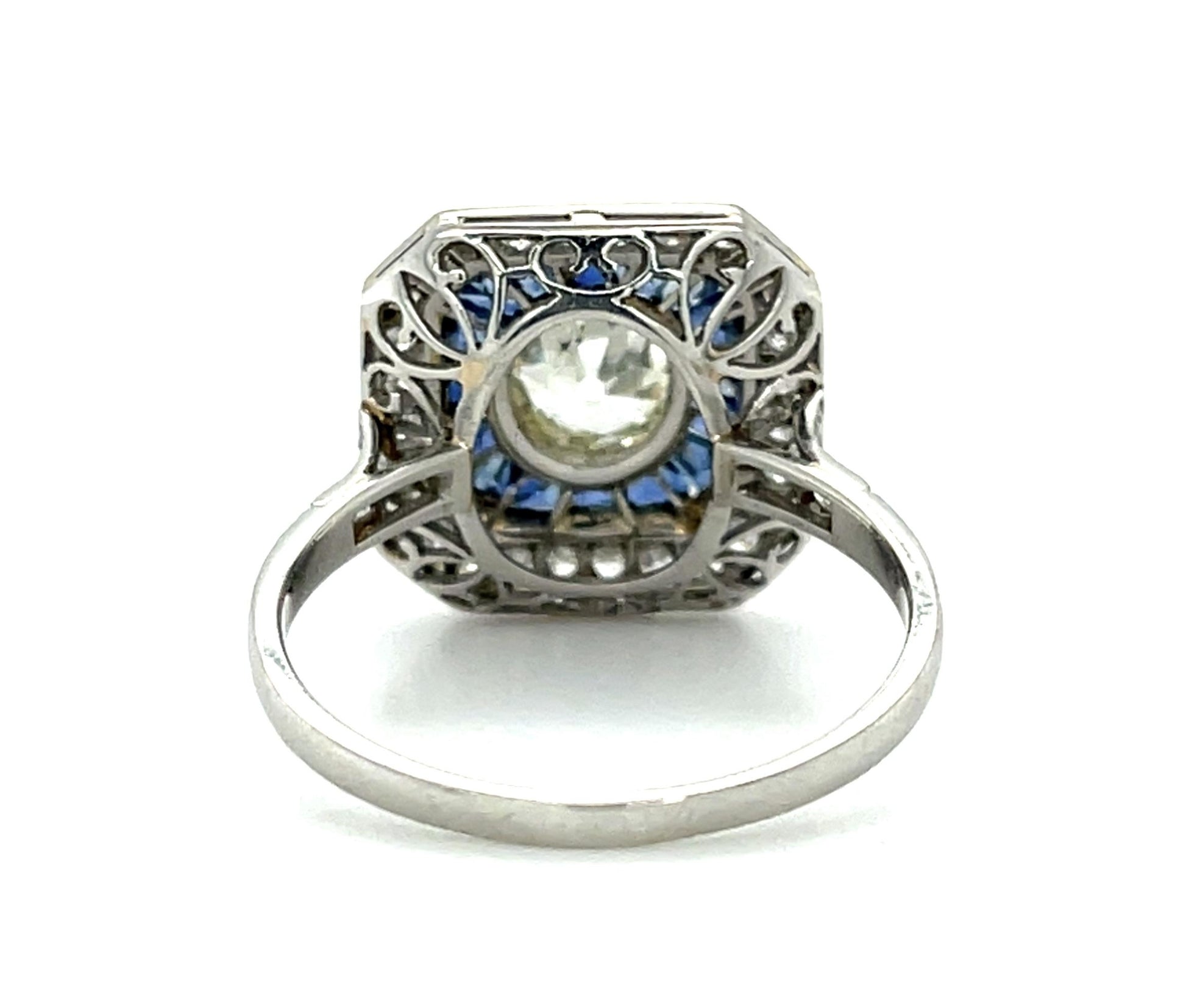 1ct Old Mine Diamond 1.90ct French-cut Sapphire Platinum Handmade Ring