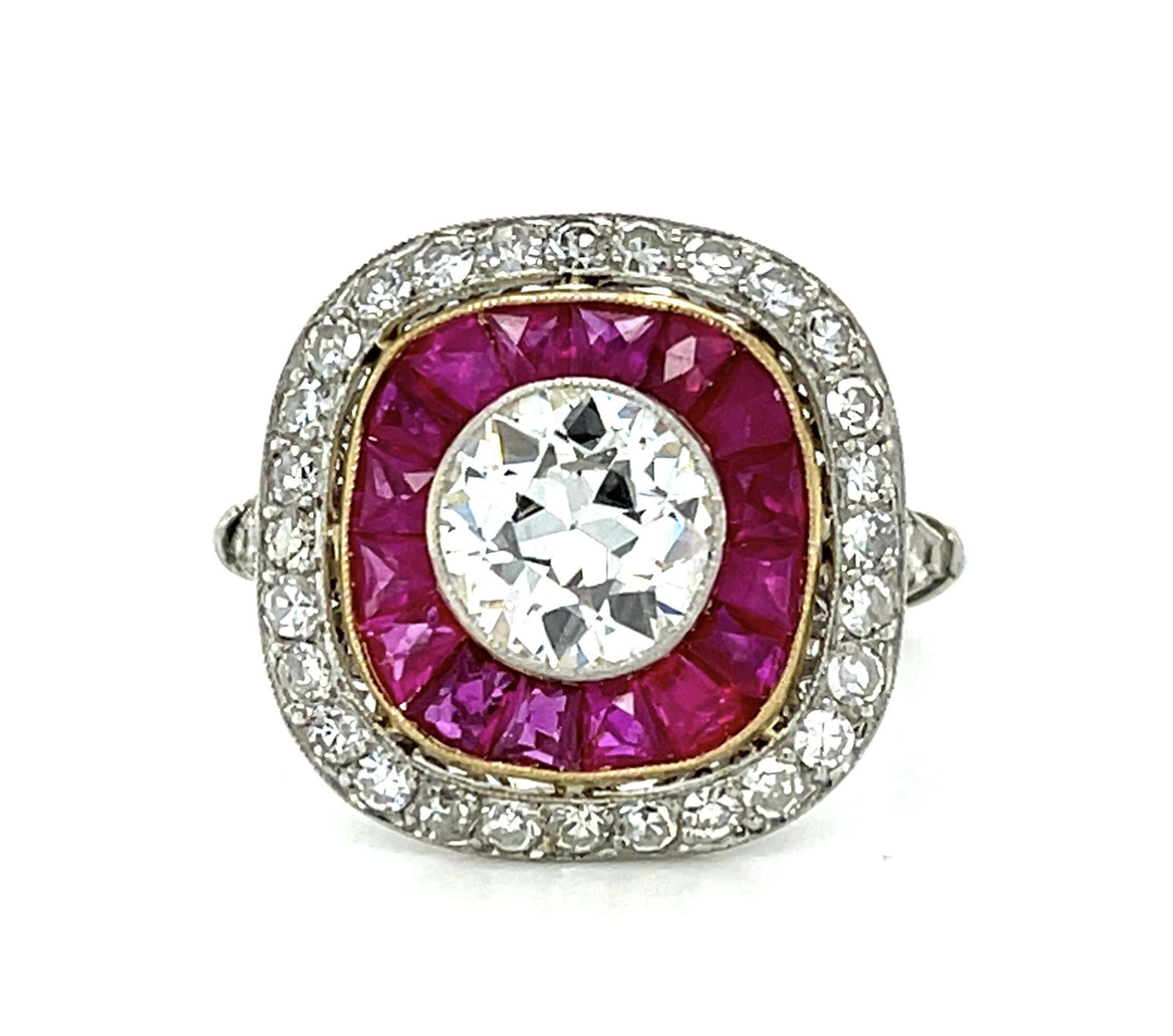 1.25ct Old Euro Diamond 1.50ct French-cut Rubies PT+18KW Gold Handmade Ring