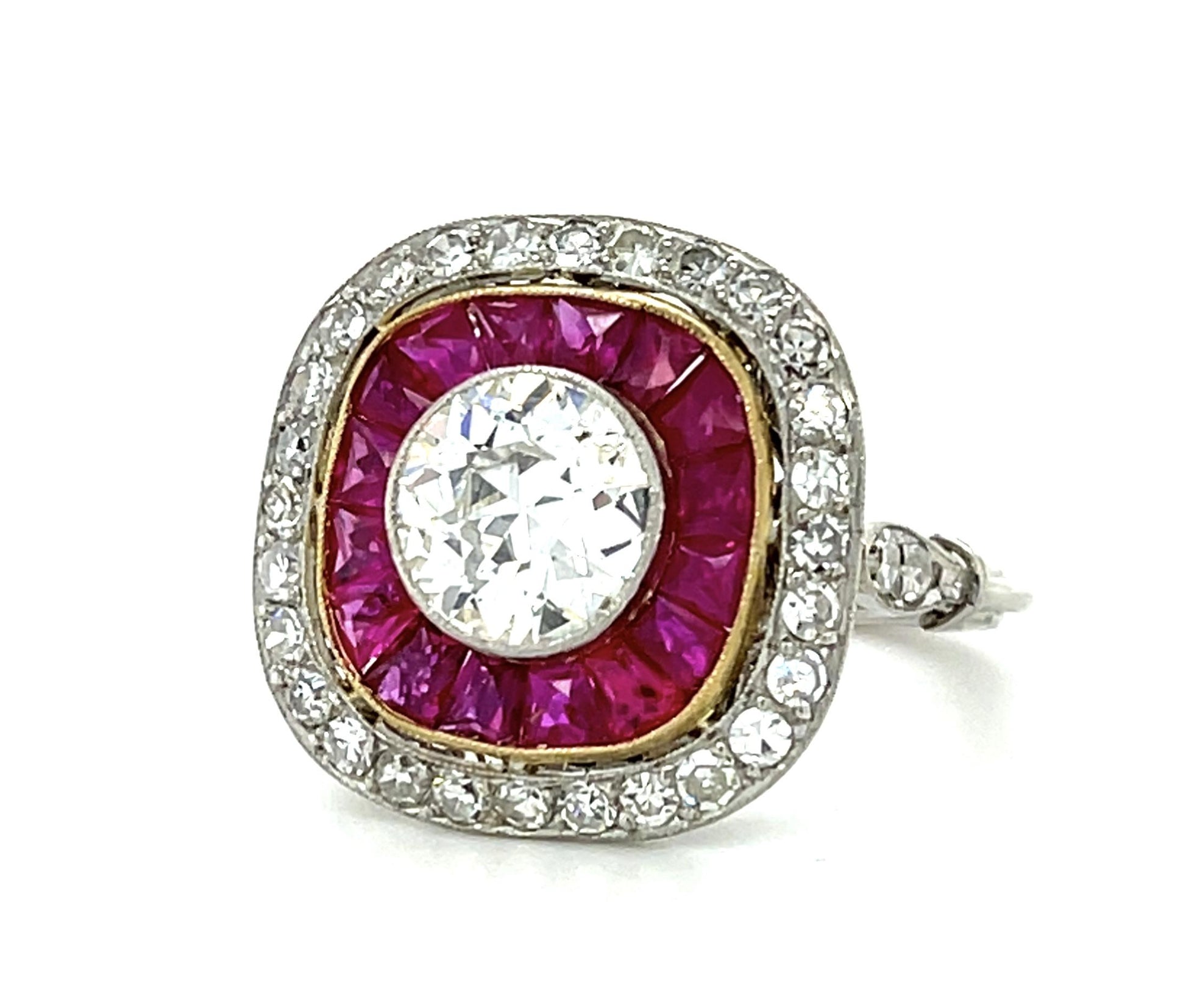 1.25ct Old Euro Diamond 1.50ct French-cut Rubies PT+18KW Gold Handmade Ring