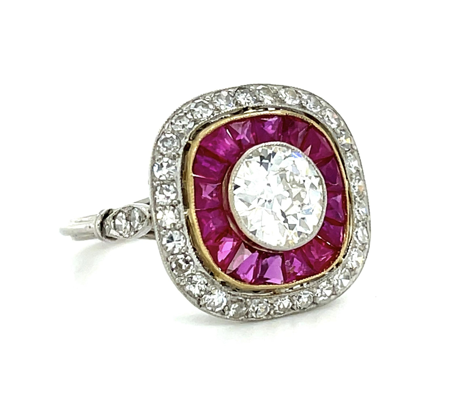 1.25ct Old Euro Diamond 1.50ct French-cut Rubies PT+18KW Gold Handmade Ring