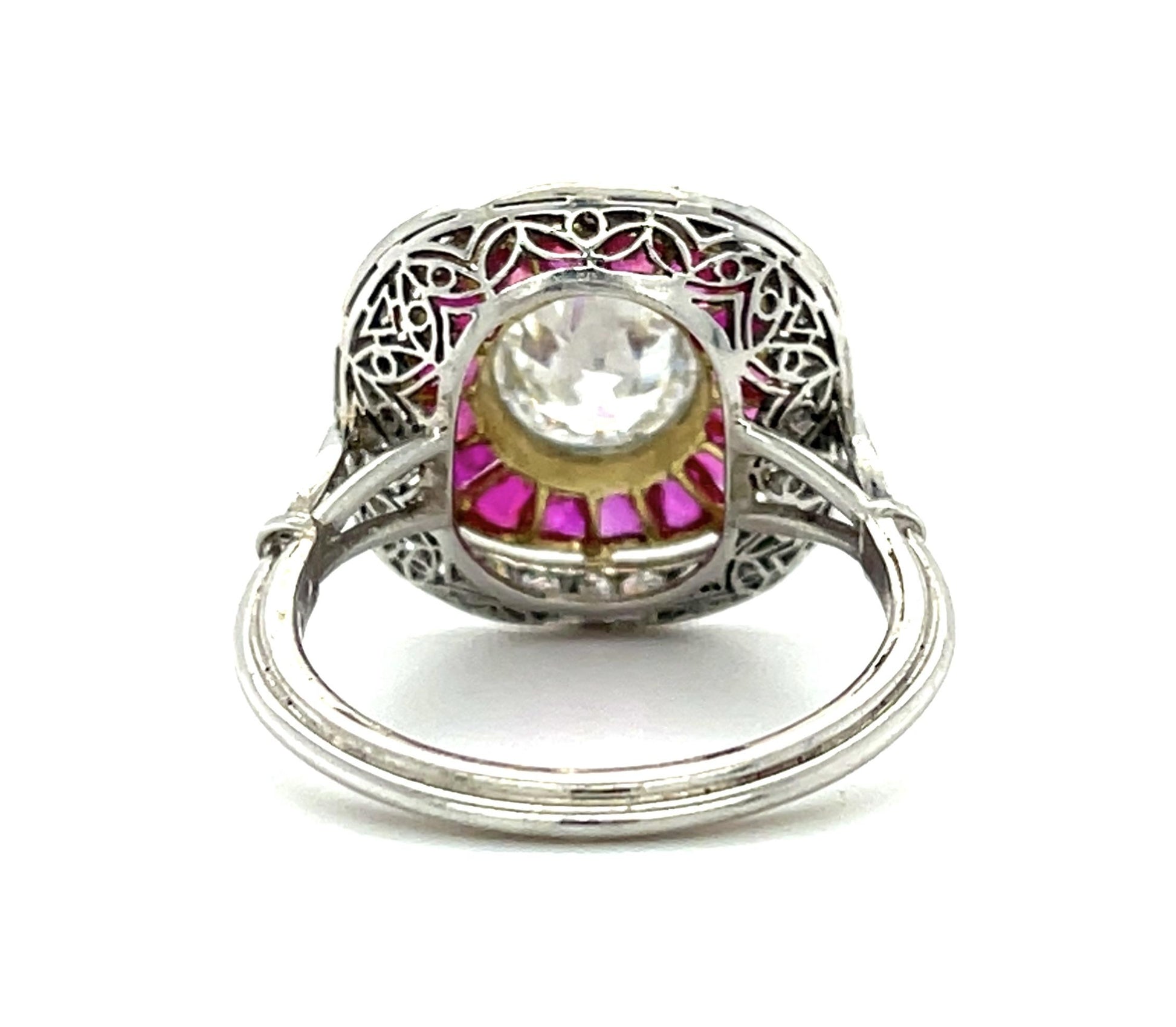 1.25ct Old Euro Diamond 1.50ct French-cut Rubies PT+18KW Gold Handmade Ring