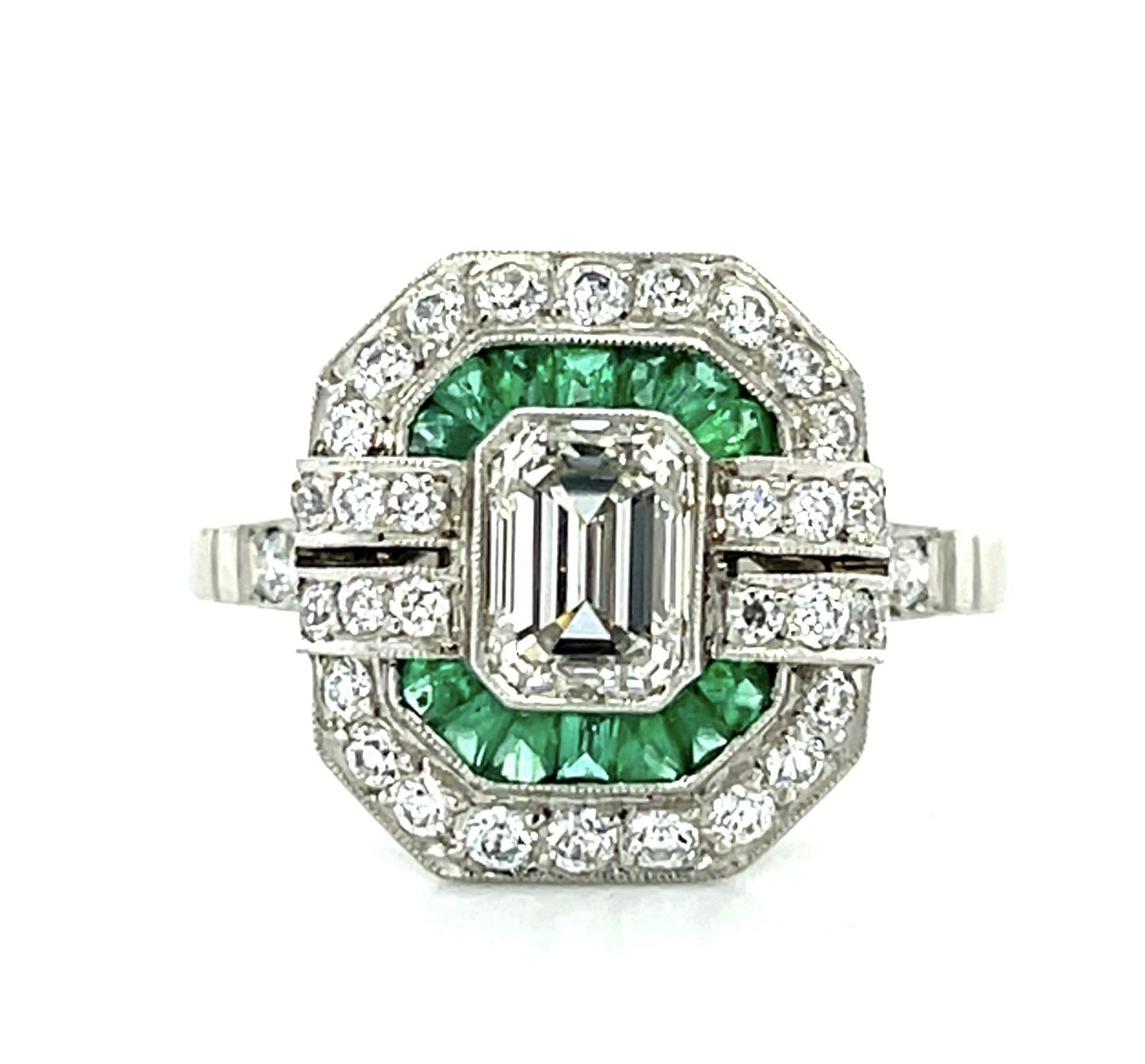 1ct (I VS1) Emerald-cut Diamond Platinum Handmade Ring .40ct French-cut Emerald