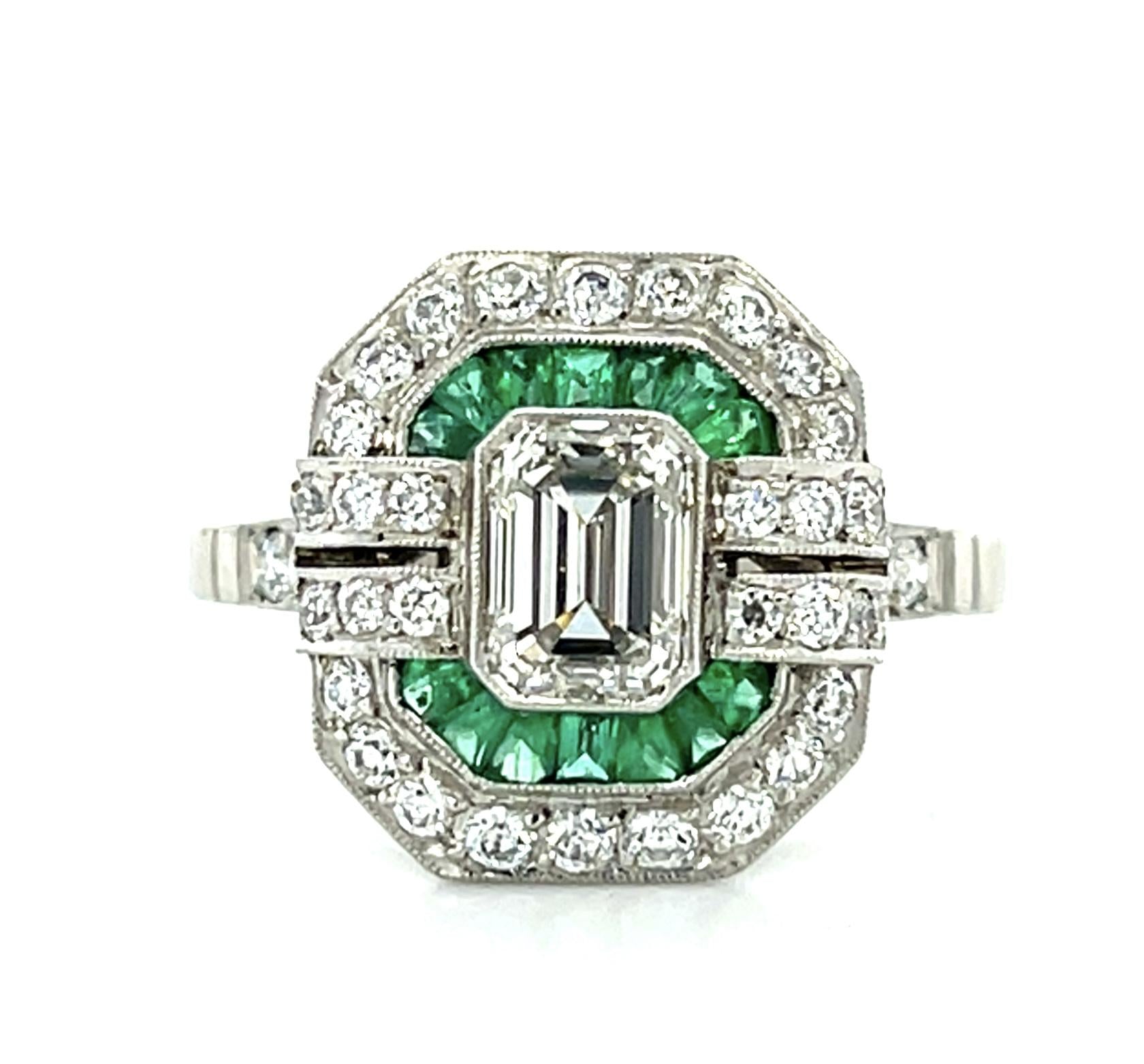 1ct (I VS1) Emerald-cut Diamond Platinum Handmade Ring .40ct French-cut Emerald